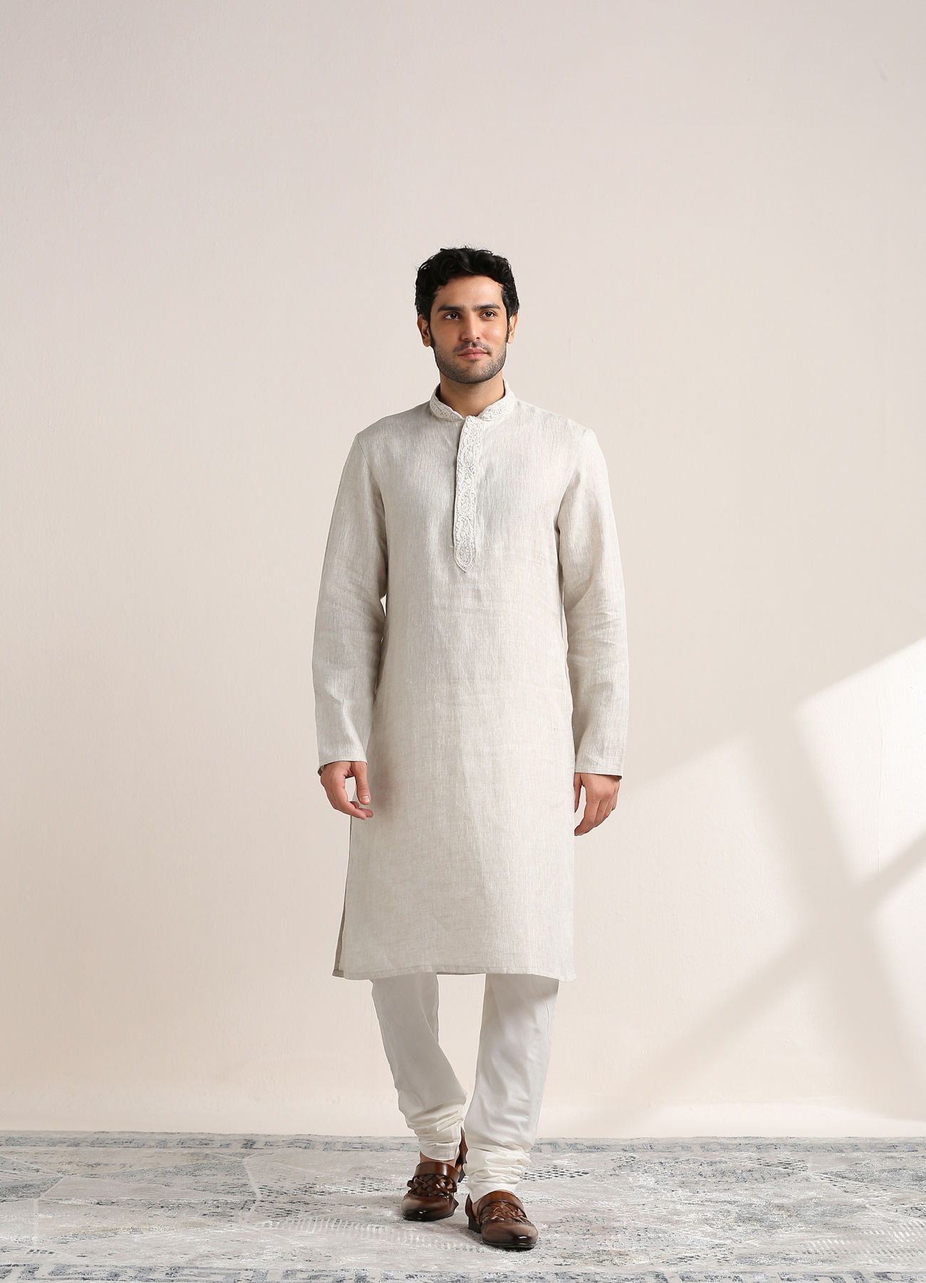 Twamev Men Lily White Embroidered Placket Kurta Set