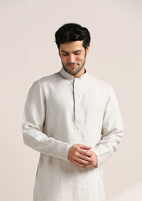 alt message - Twamev Men Lily White Embroidered Placket Kurta Set image number 0