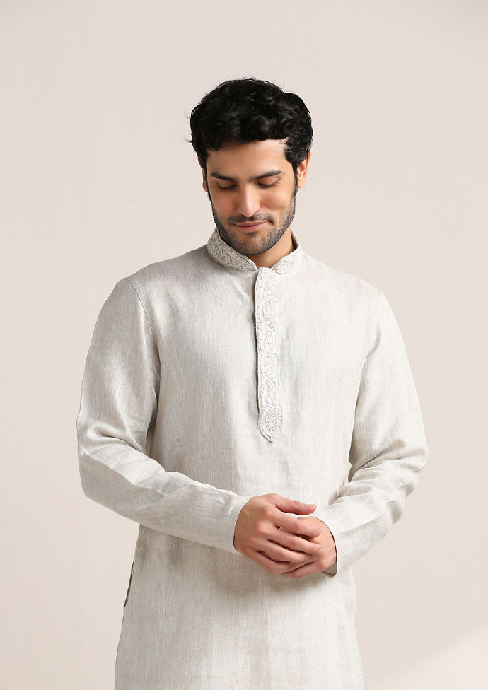 Twamev Men White Linen Embroidered Placket Kurta Set