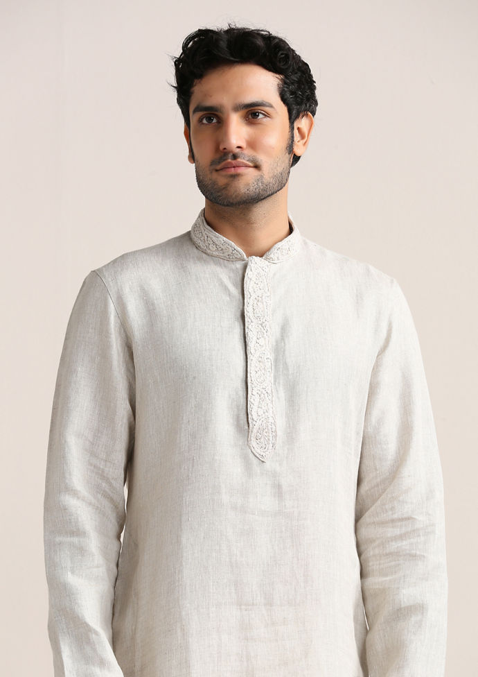 Twamev Men White Linen Embroidered Placket Kurta Set