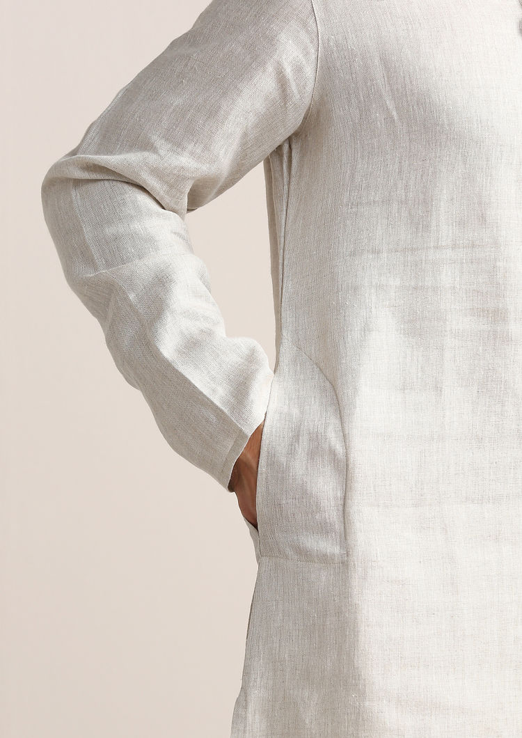 Twamev Men Lily White Embroidered Placket Kurta Set