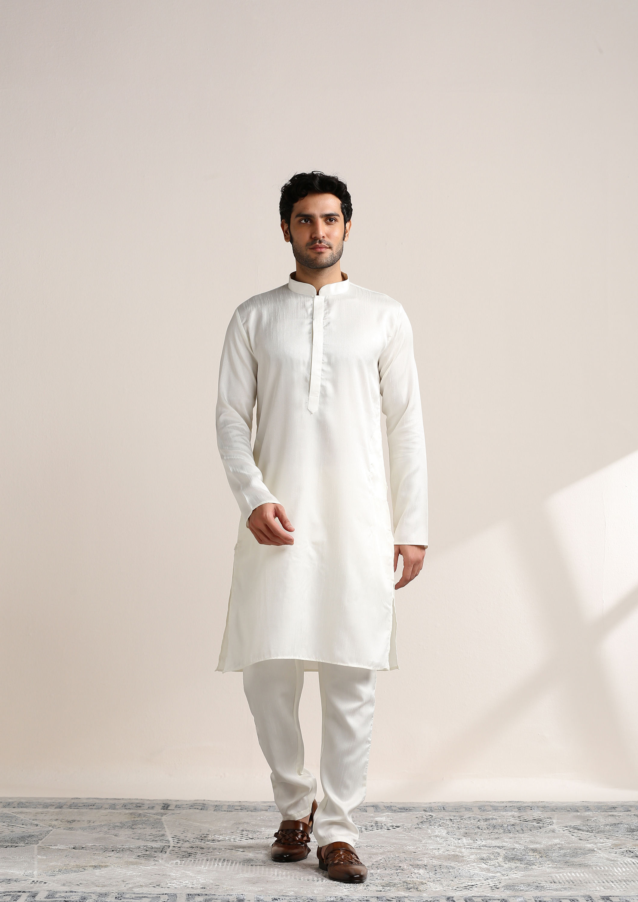 Twamev Men Pearl White Self Patterned Kurta Jacket Set