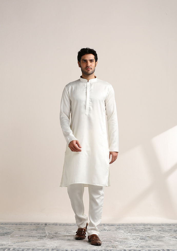 Twamev Men Pearl White Self Patterned Kurta Jacket Set