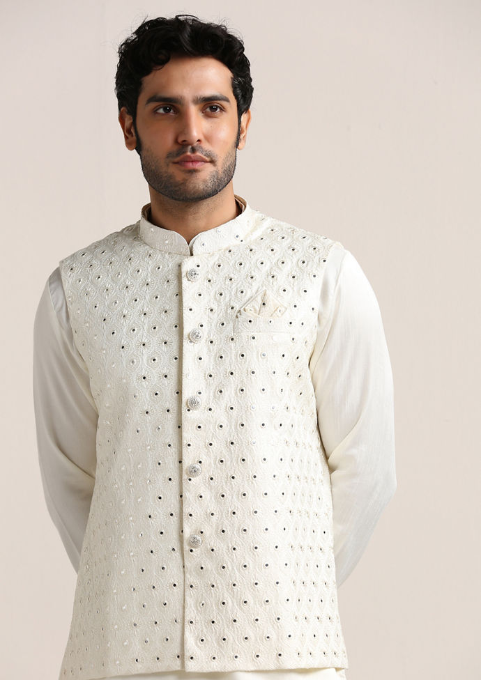 Twamev Men Pearl White Self Patterned Kurta Jacket Set