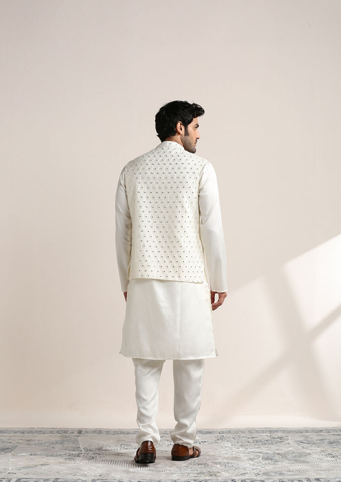 Twamev Men Pearl White Self Patterned Kurta Jacket Set