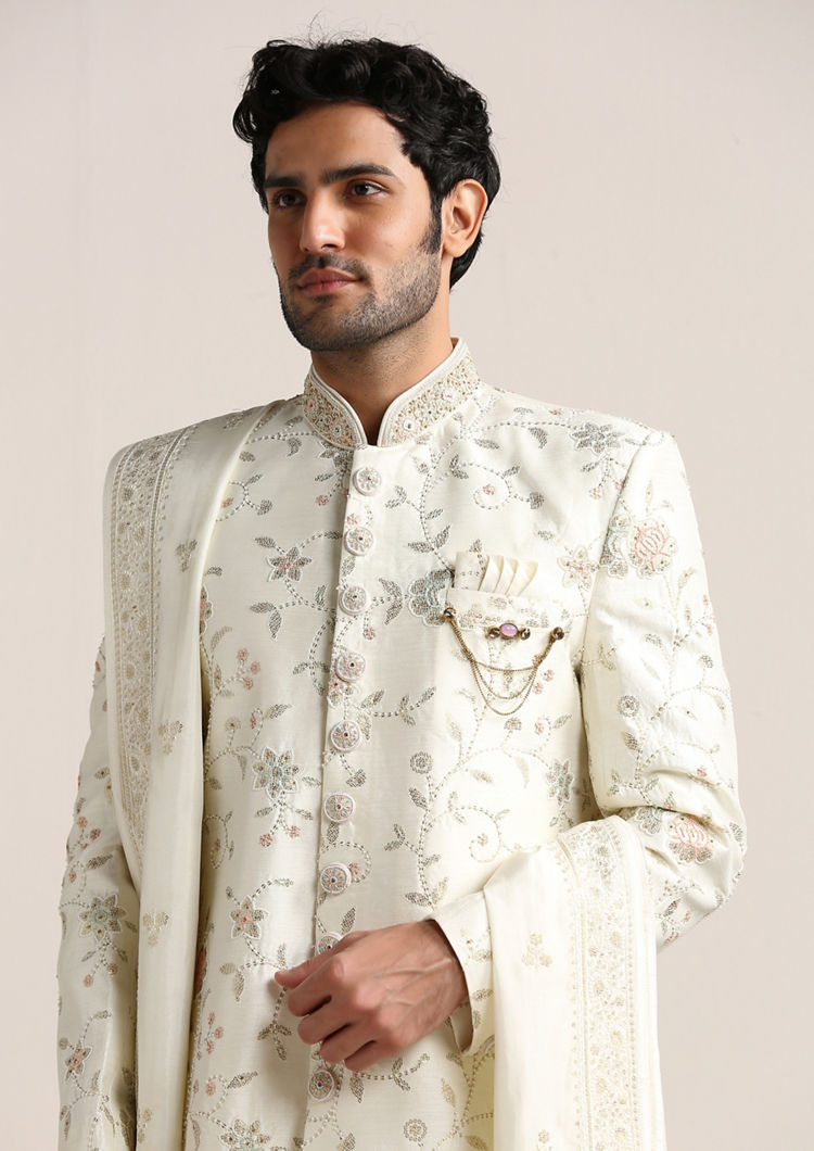 Twamev Men Pearl White Floral Patterned Sherwani