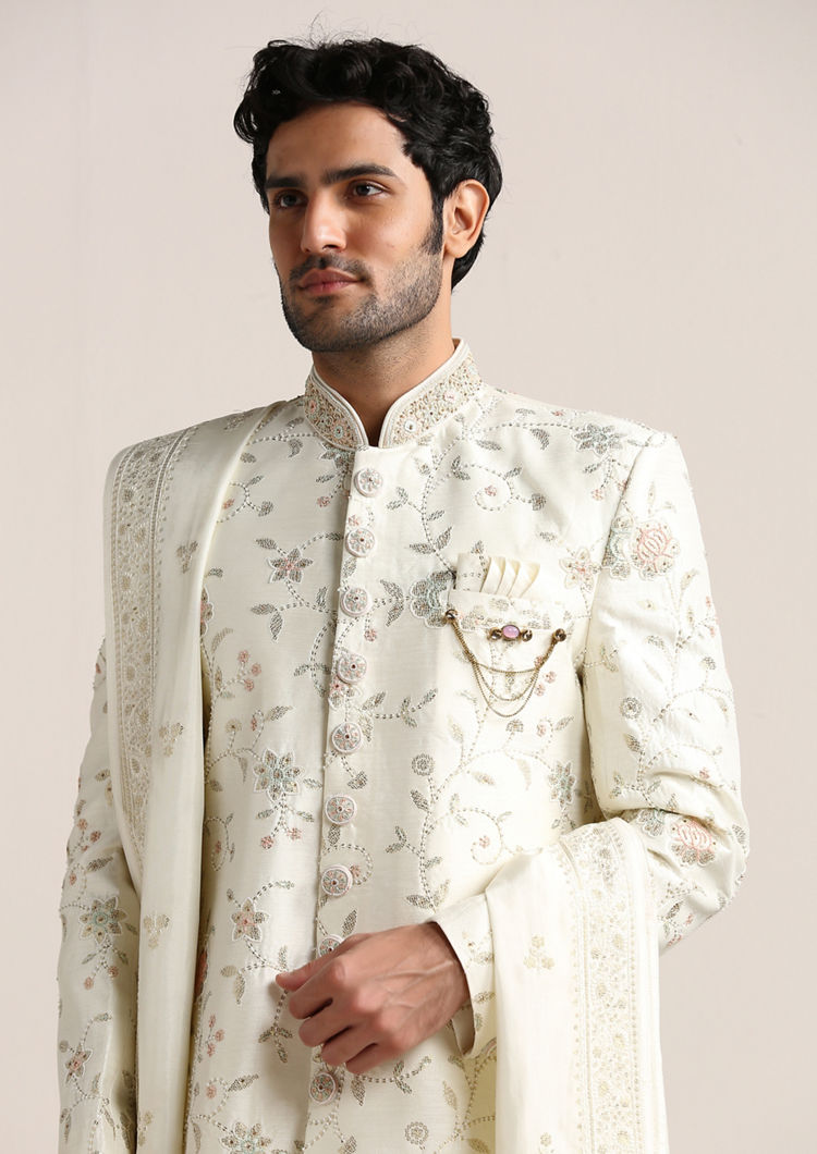 Twamev Men Pearl White Floral Patterned Sherwani image number 0