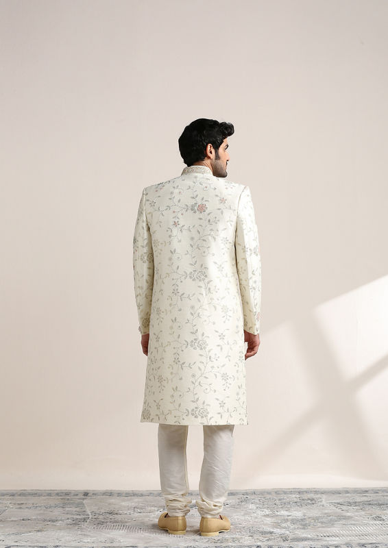 Twamev Men Pearl White Floral Patterned Sherwani