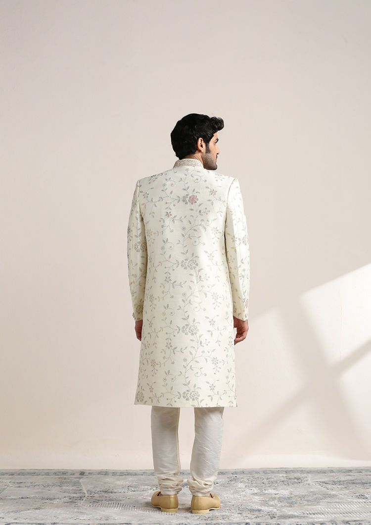 Twamev Men Pearl White Floral Patterned Sherwani