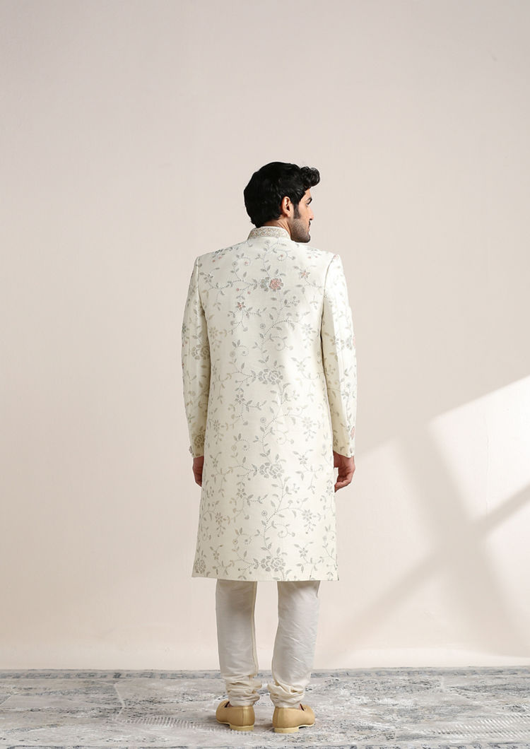 Twamev Men Pearl White Floral Patterned Sherwani image number 2