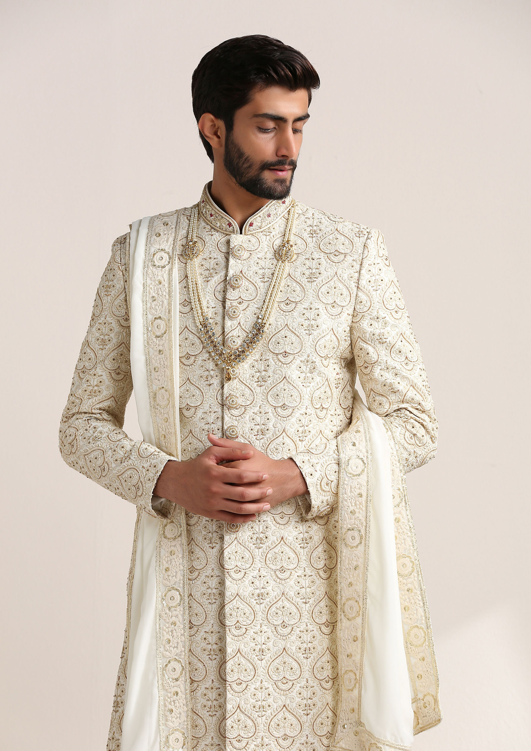 Twamev Men Pristine White Patterned Sherwani