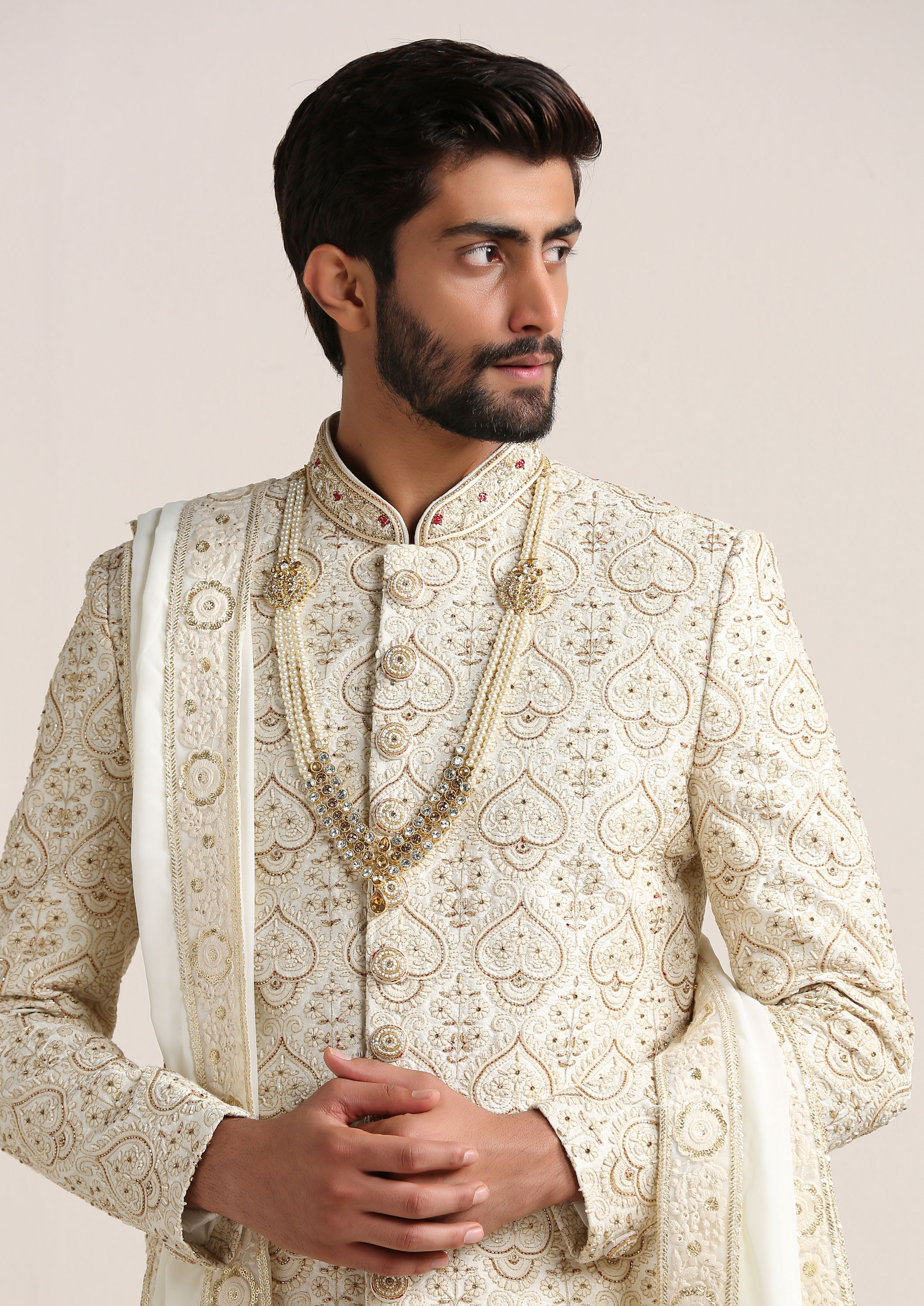 Twamev Men Pristine White Patterned Sherwani