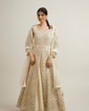 alt message - Mohey Women Dark Cream Bel Buti Embroidered Anarkali with Mirror Work image number 0