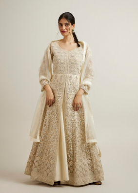 Mohey Women Dark Cream Bel Buti Embroidered Anarkali with Mirror Work
