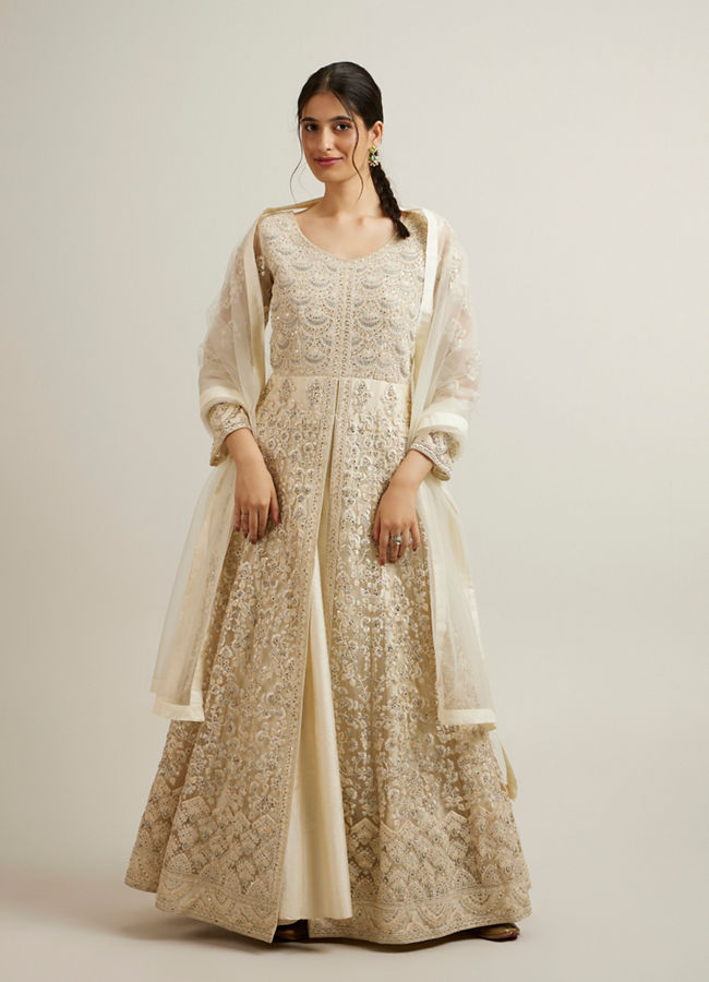 Mohey Women Dark Cream Bel Buti Embroidered Anarkali with Mirror Work