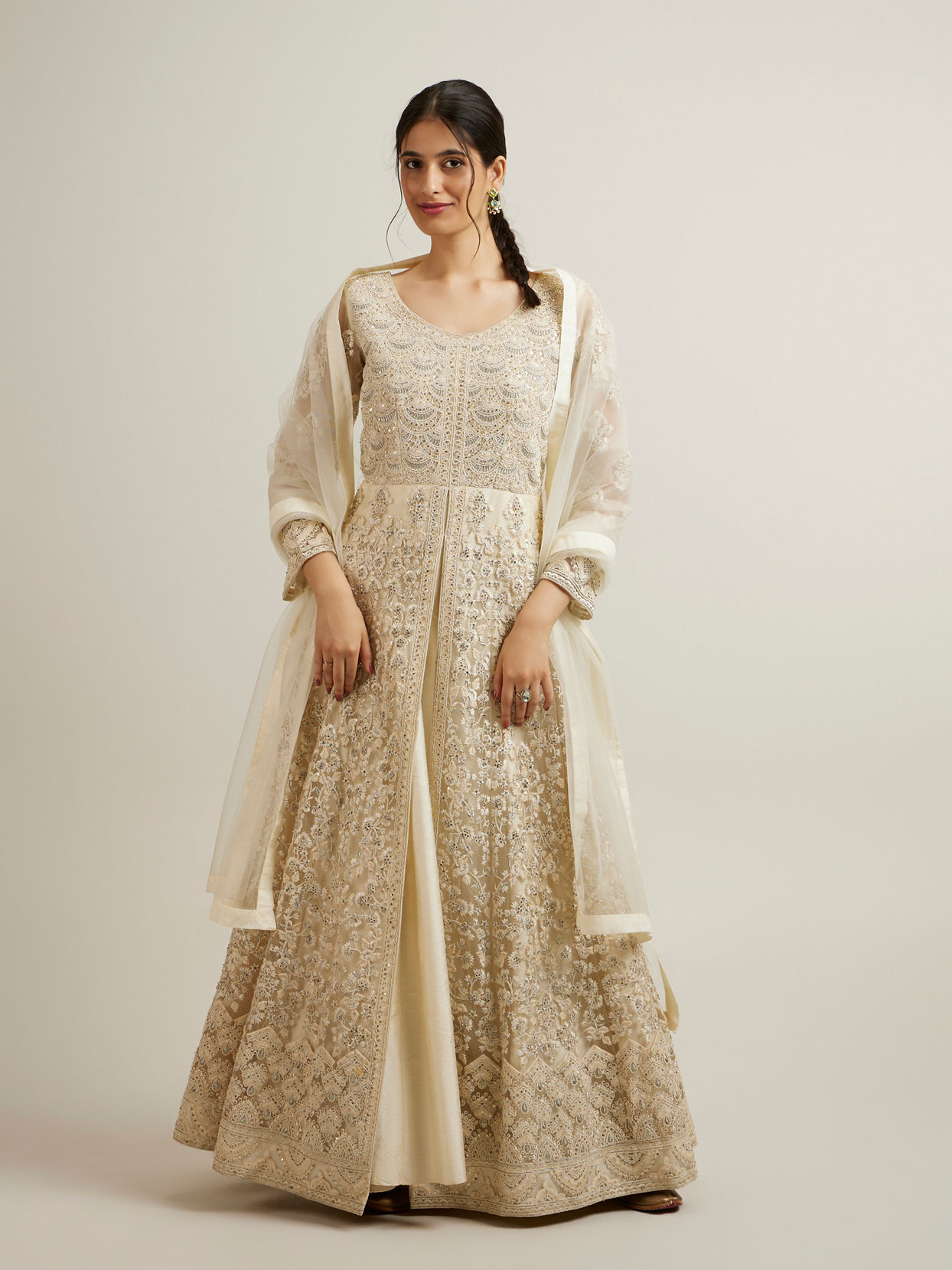 Mohey Women Dark Cream Bel Buti Embroidered Anarkali with Mirror Work