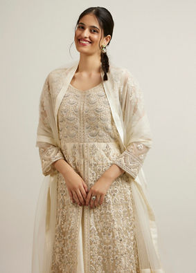 alt message - Mohey Women Dark Cream Bel Buti Embroidered Anarkali with Mirror Work image number 1