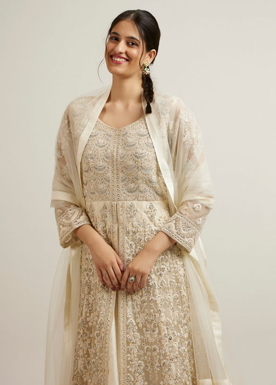 Mohey Women Dark Cream Bel Buti Embroidered Anarkali with Mirror Work