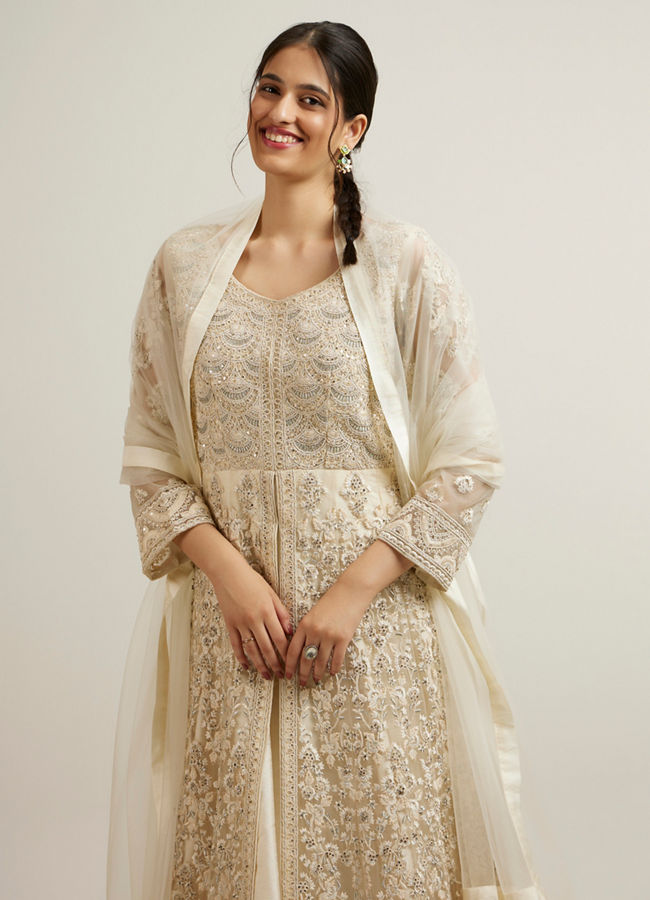 Mohey Women Dark Cream Bel Buti Embroidered Anarkali with Mirror Work