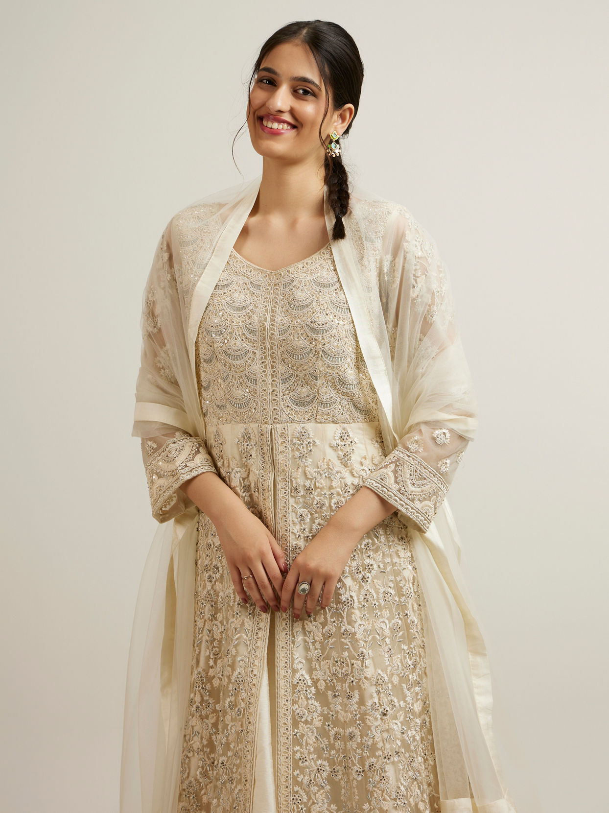 Mohey Women Dark Cream Bel Buti Embroidered Anarkali with Mirror Work