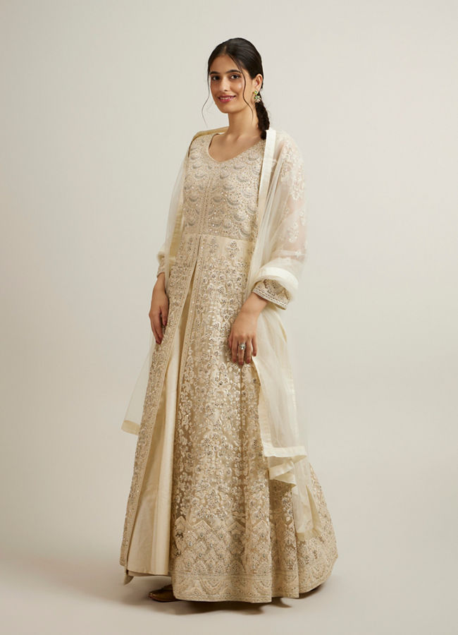 Mohey Women Dark Cream Bel Buti Embroidered Anarkali with Mirror Work