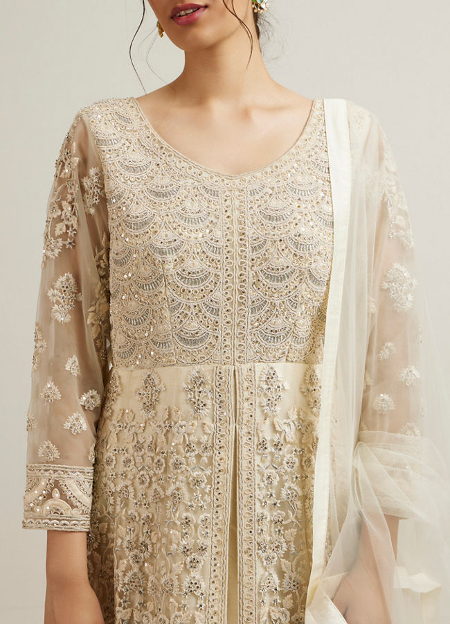 Mohey Women Dark Cream Bel Buti Embroidered Anarkali with Mirror Work