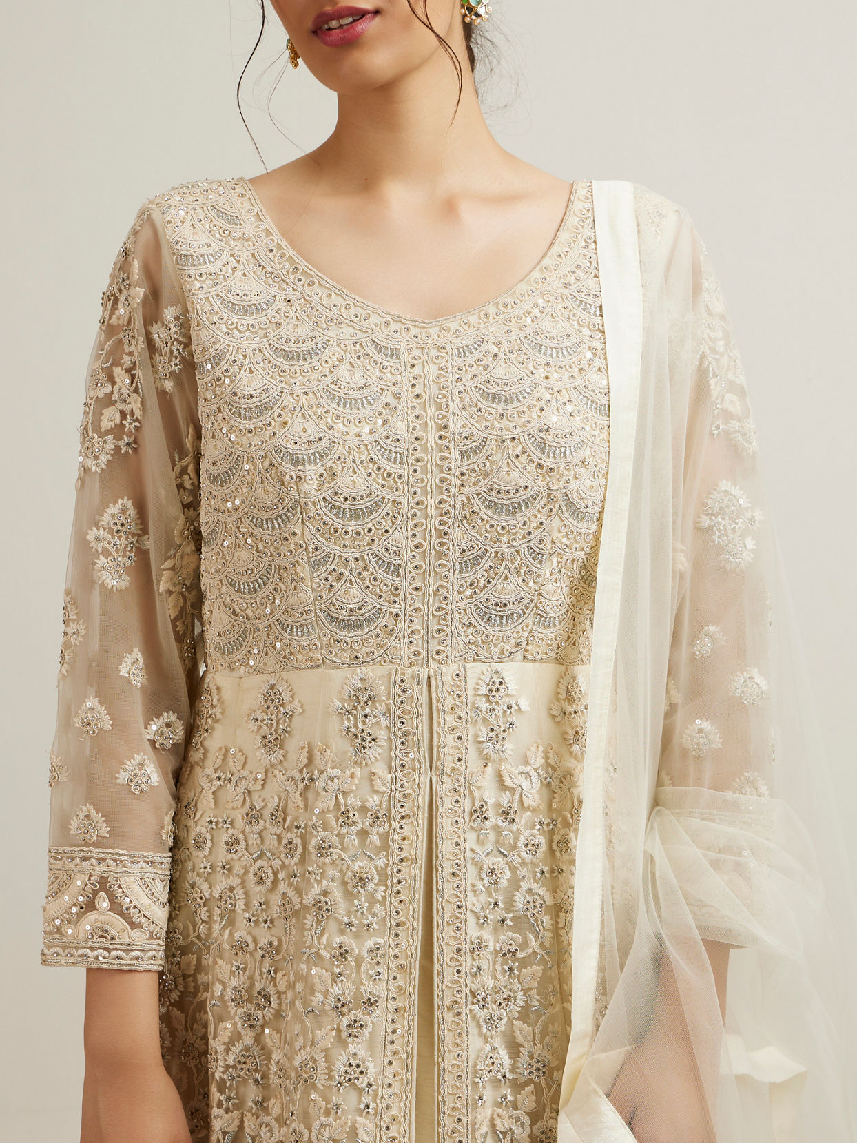 Mohey Women Dark Cream Bel Buti Embroidered Anarkali with Mirror Work