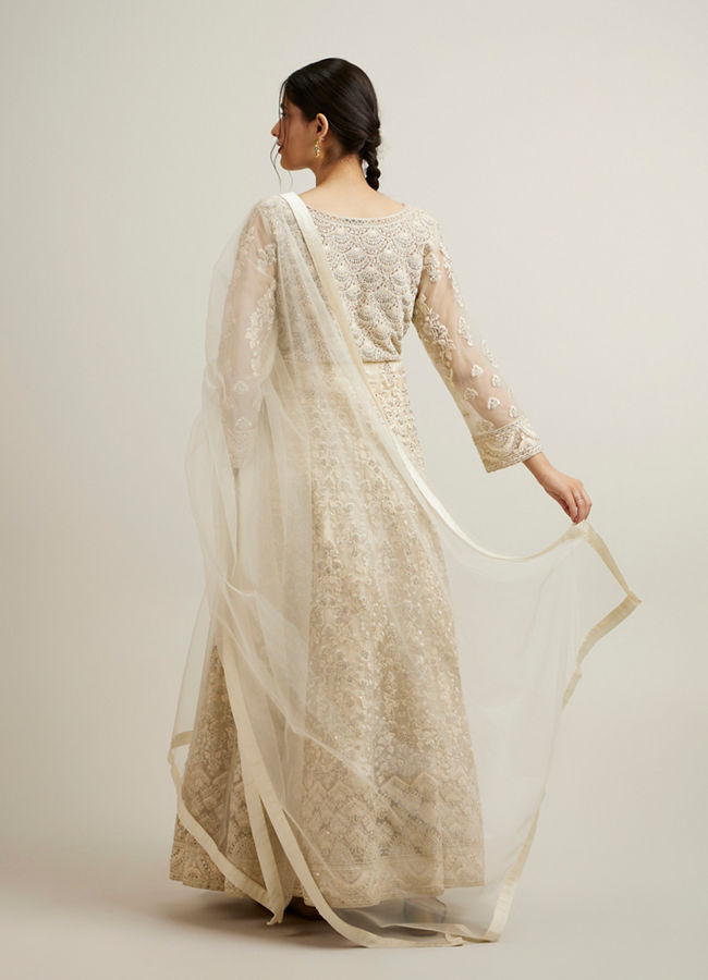 Mohey Women Dark Cream Bel Buti Embroidered Anarkali with Mirror Work