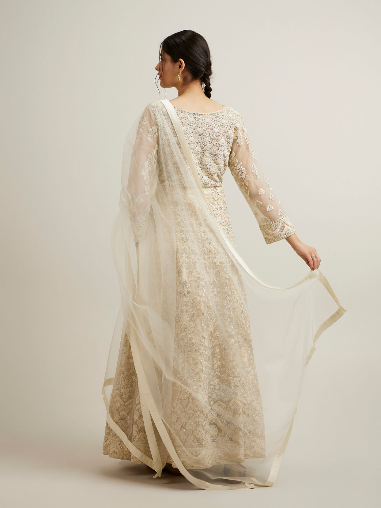Mohey Women Dark Cream Bel Buti Embroidered Anarkali with Mirror Work