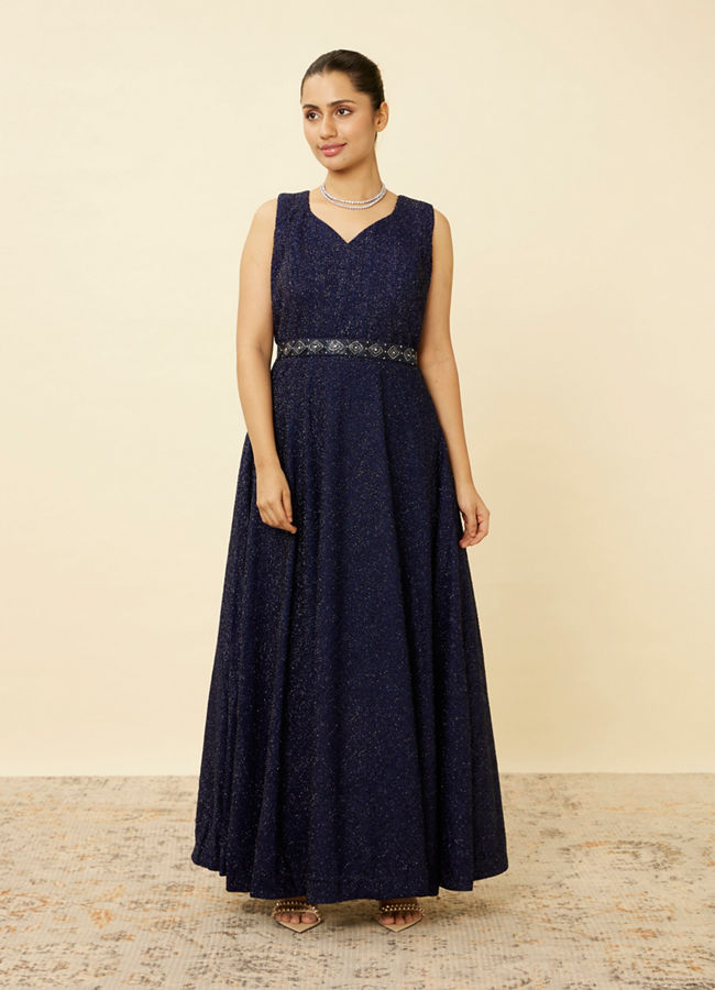 alt message - Mohey Women Navy Blue Shimmery Gown image number 0