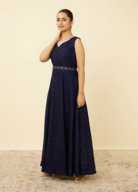 alt message - Mohey Women Navy Blue Shimmery Gown image number 3