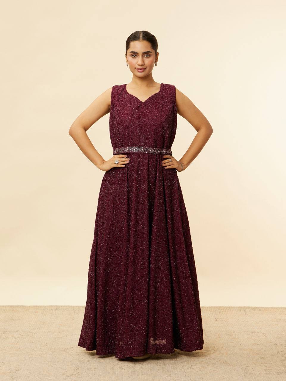Mohey Women Plum Red Shimmery A Line Gown
