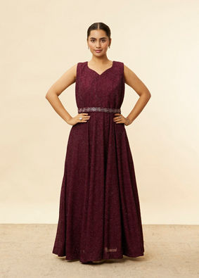 alt message - Mohey Women Plum Red Shimmery A-Line Gown image number 0