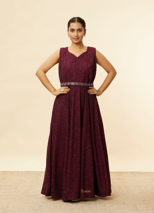 alt message - Mohey Women Plum Red Shimmery A-Line Gown image number 0