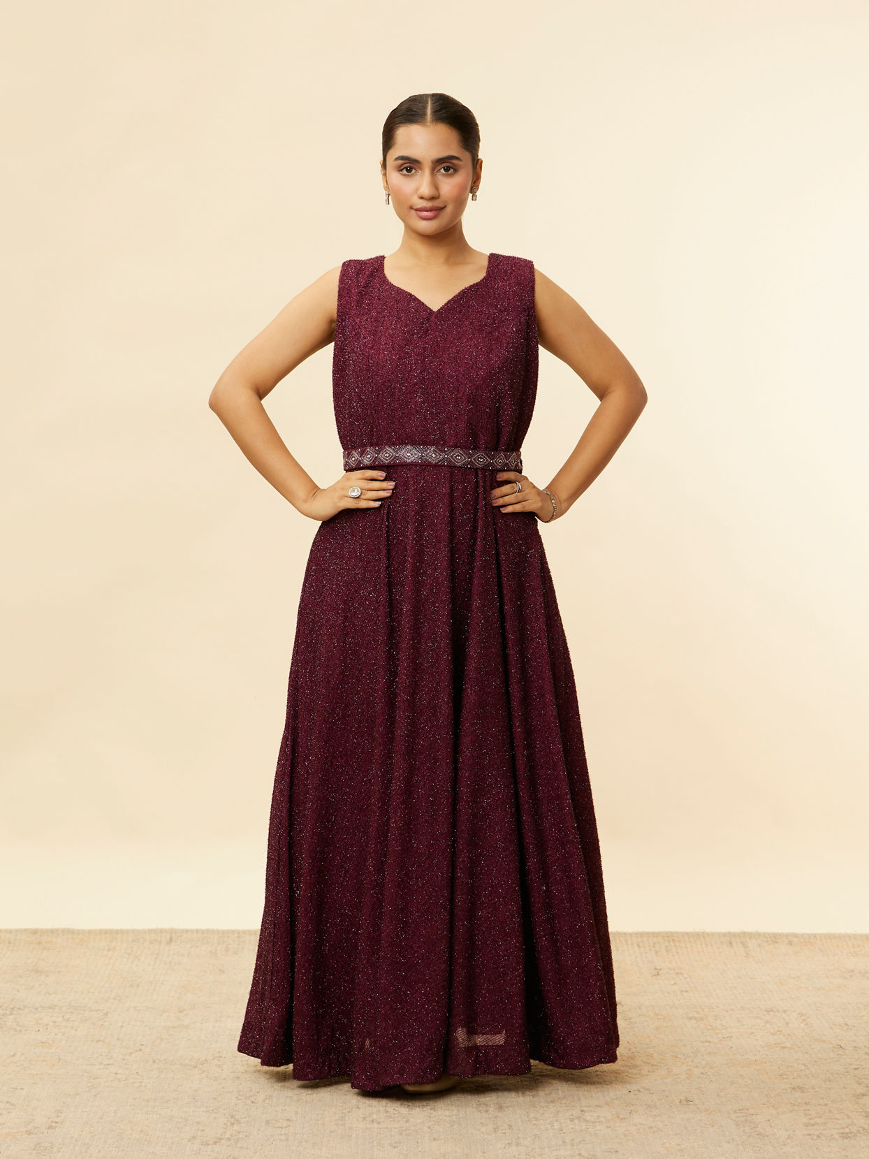 alt message - Mohey Women Plum Red Shimmery A-Line Gown image number 0