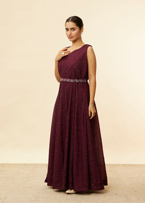 alt message - Mohey Women Plum Red Shimmery A-Line Gown image number 2