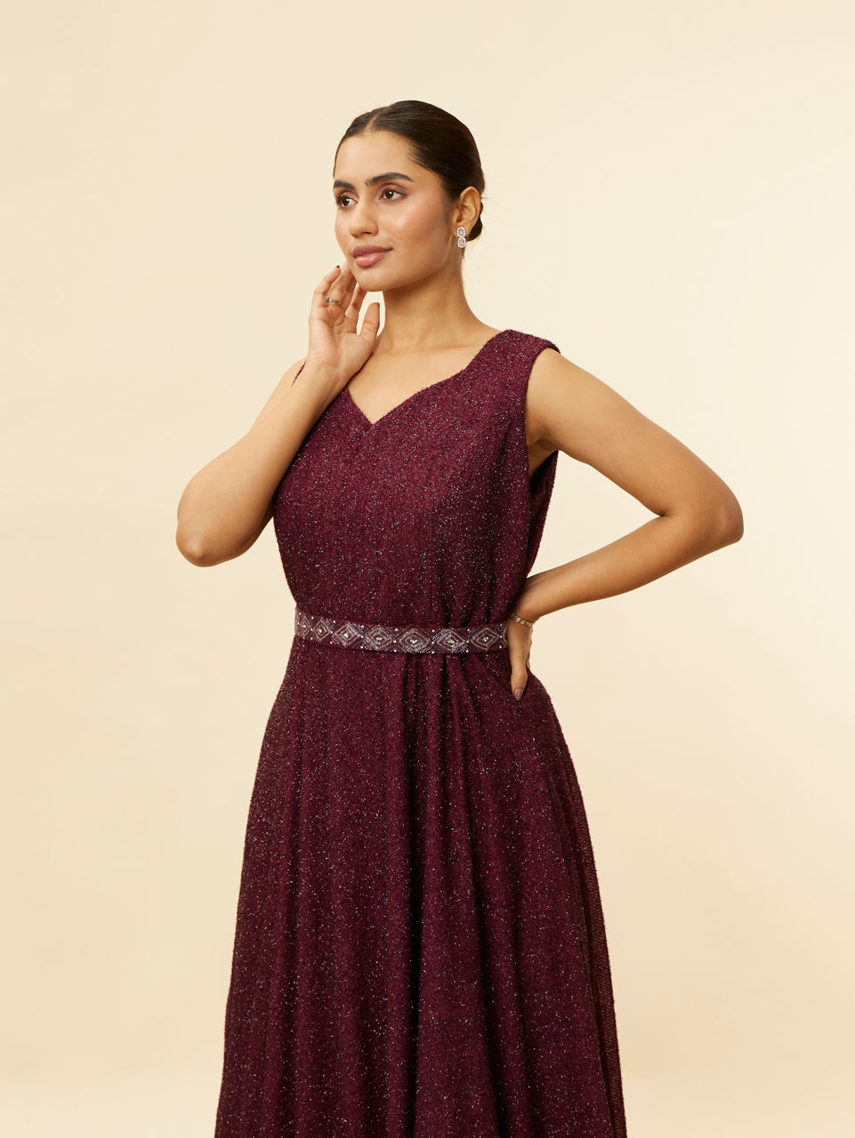Mohey Women Plum Red Shimmery A Line Gown