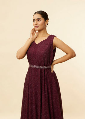 alt message - Mohey Women Plum Red Shimmery A-Line Gown image number 1