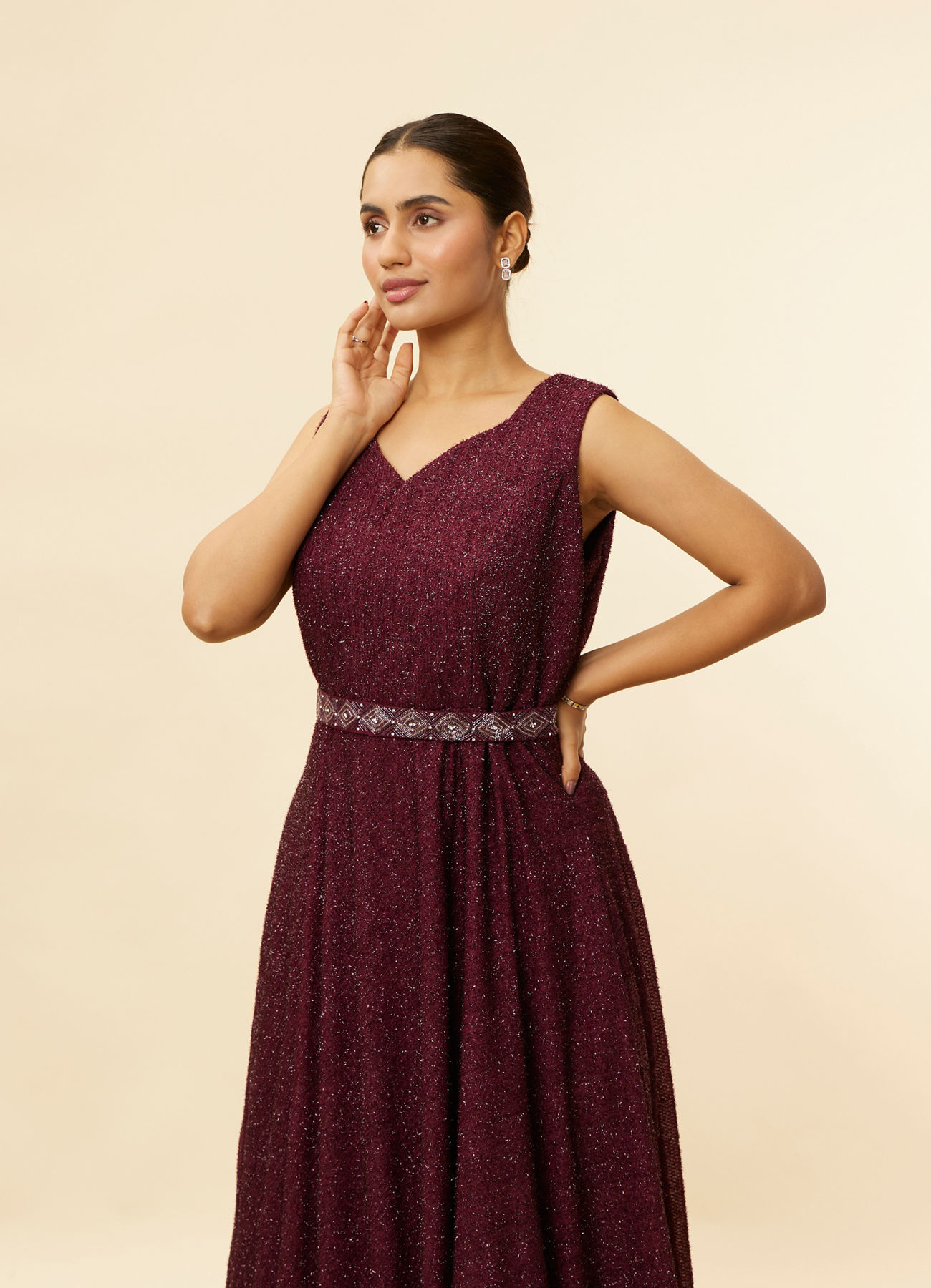 Mohey Women Plum Red Shimmery A Line Gown