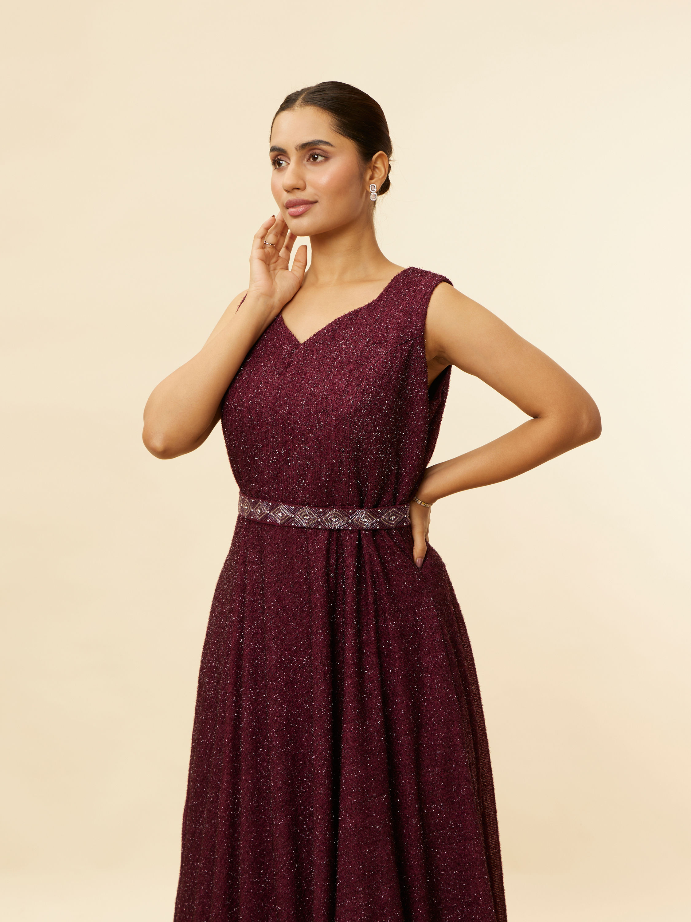 Mohey Women Plum Red Shimmery A Line Gown