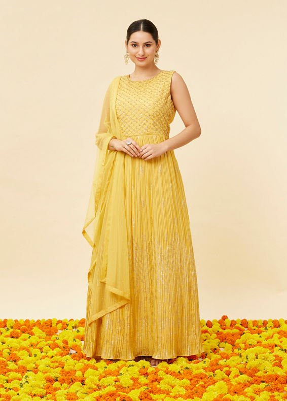 Mohey Women Sunshine Yellow Foiled Gold Print Anarkali Suit