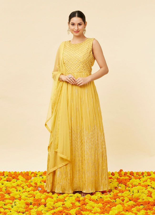 Mohey Women Sunshine Yellow Foiled Gold Print Anarkali Suit