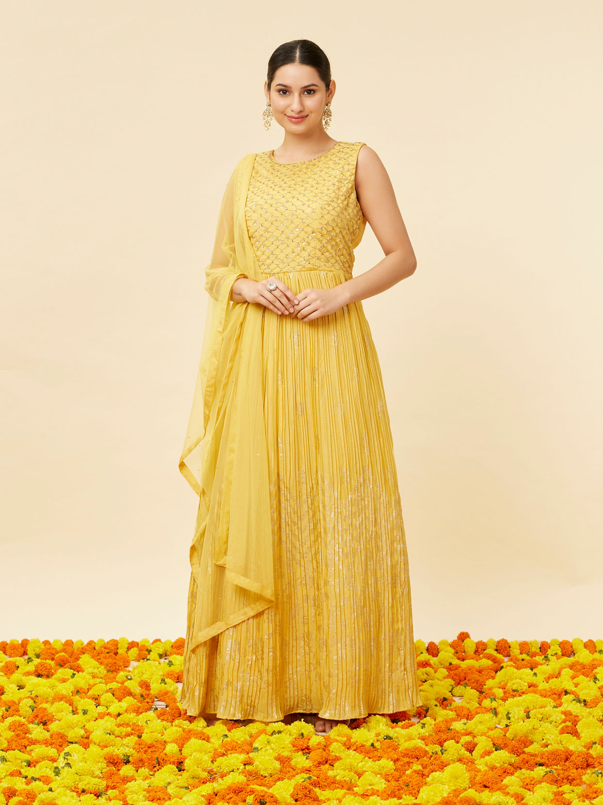 Mohey Women Sunshine Yellow Foiled Gold Print Anarkali Suit