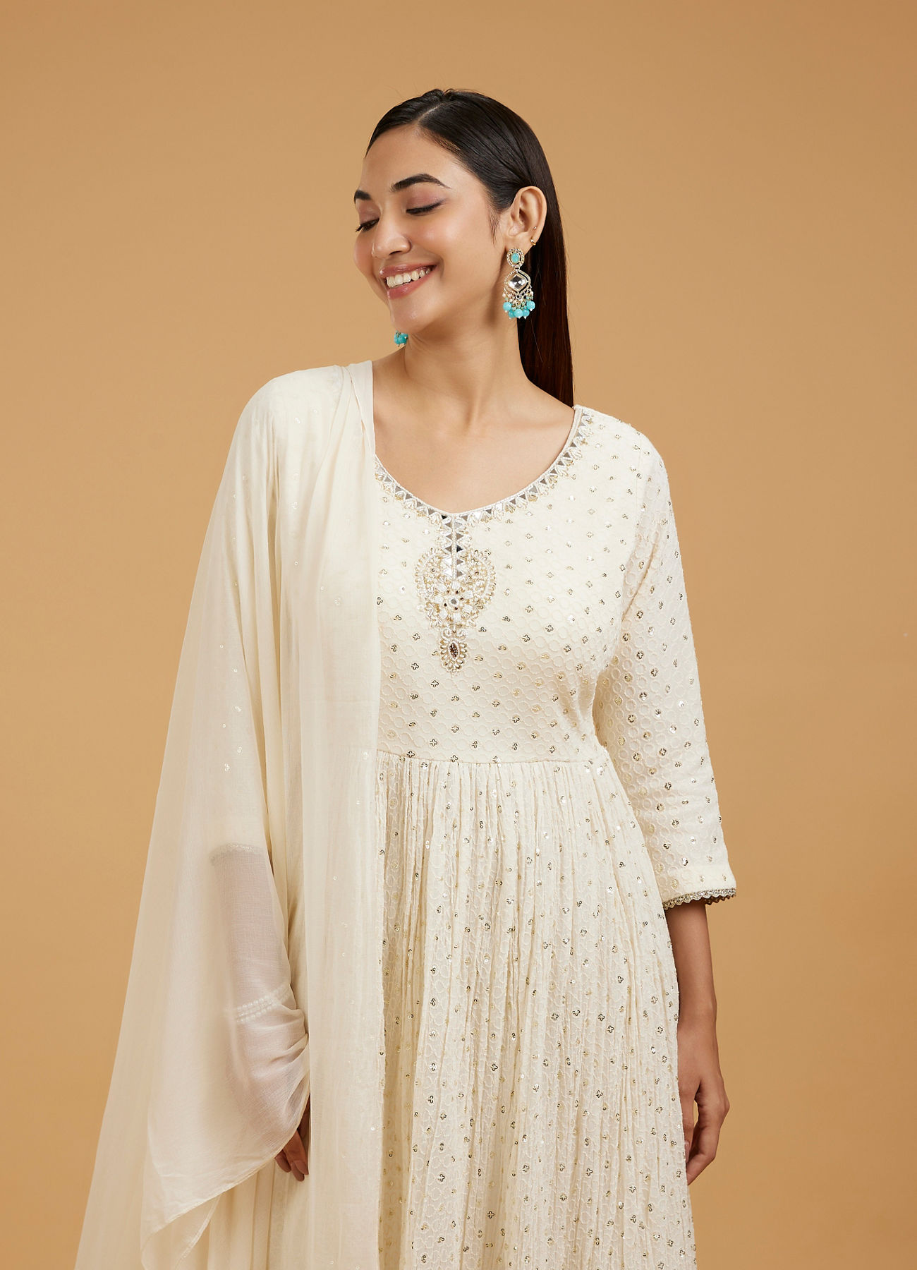 Mohey Women Elegant Cream Anarkali Suit