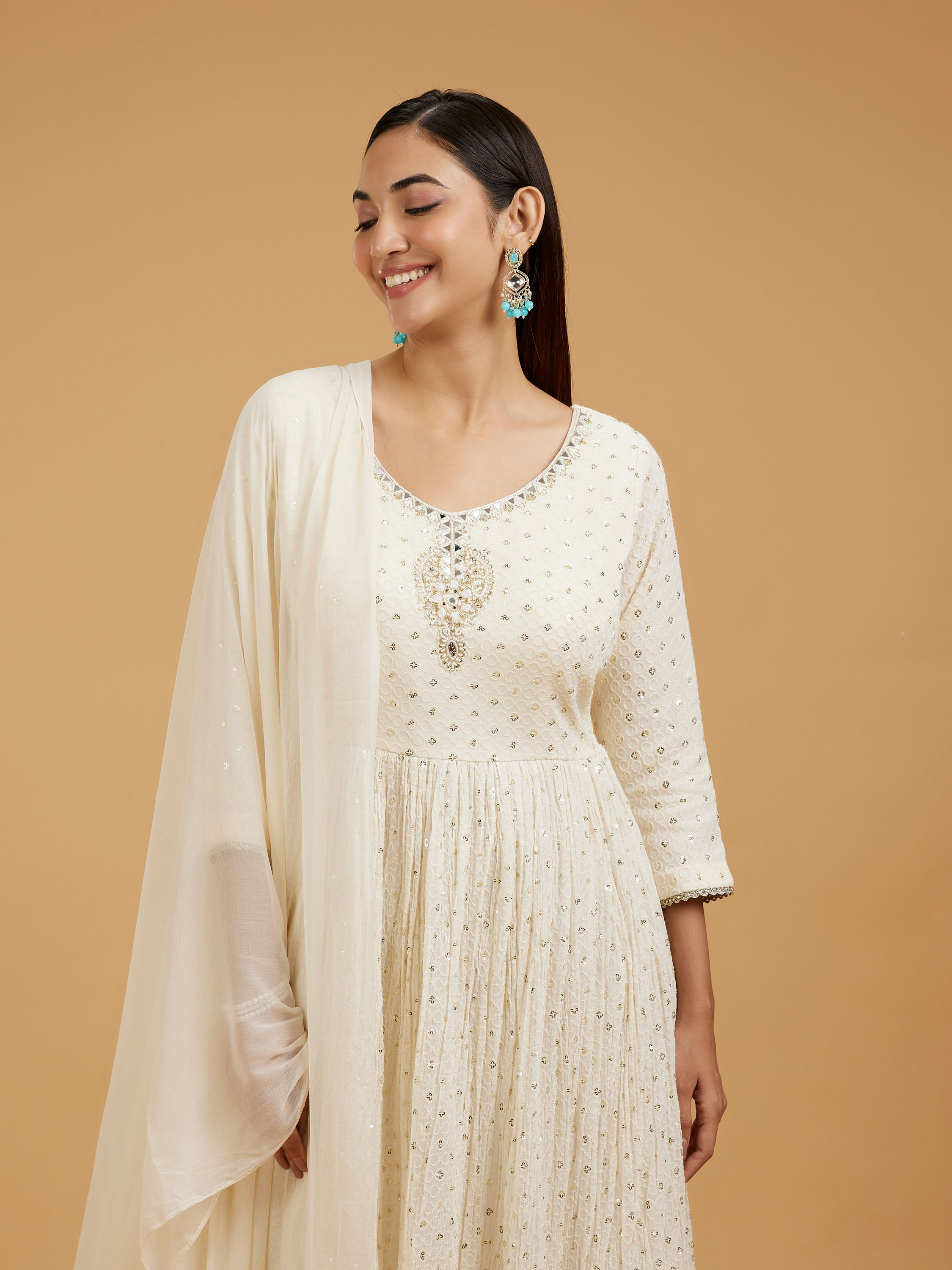 Mohey Women Elegant Cream Anarkali Suit