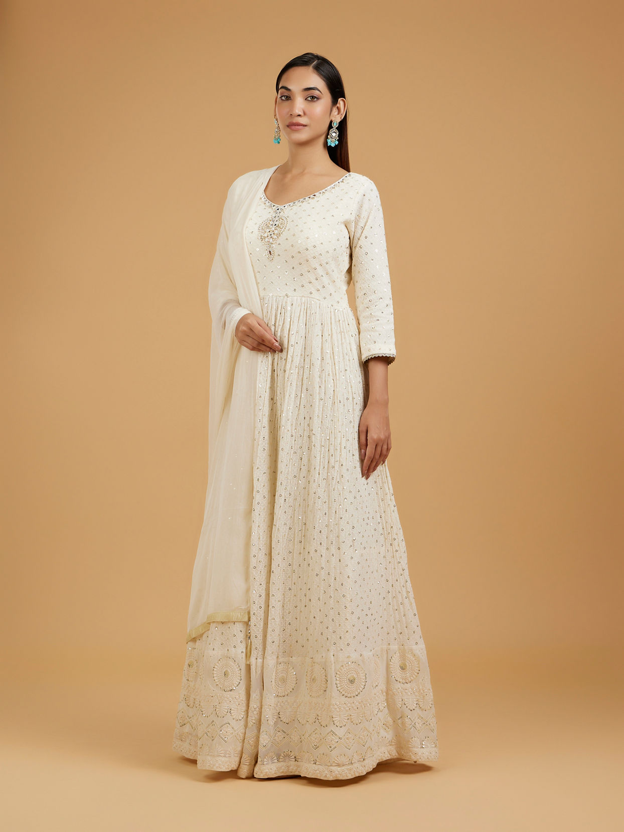 Mohey Women Elegant Cream Anarkali Suit