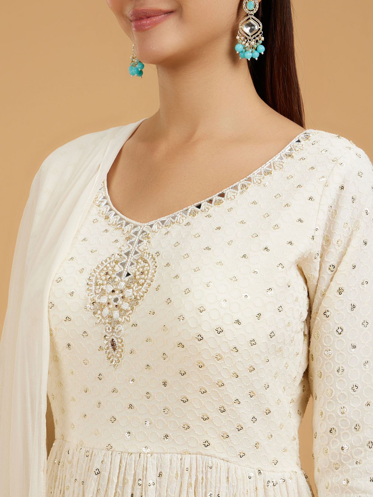 Mohey Women Elegant Cream Anarkali Suit