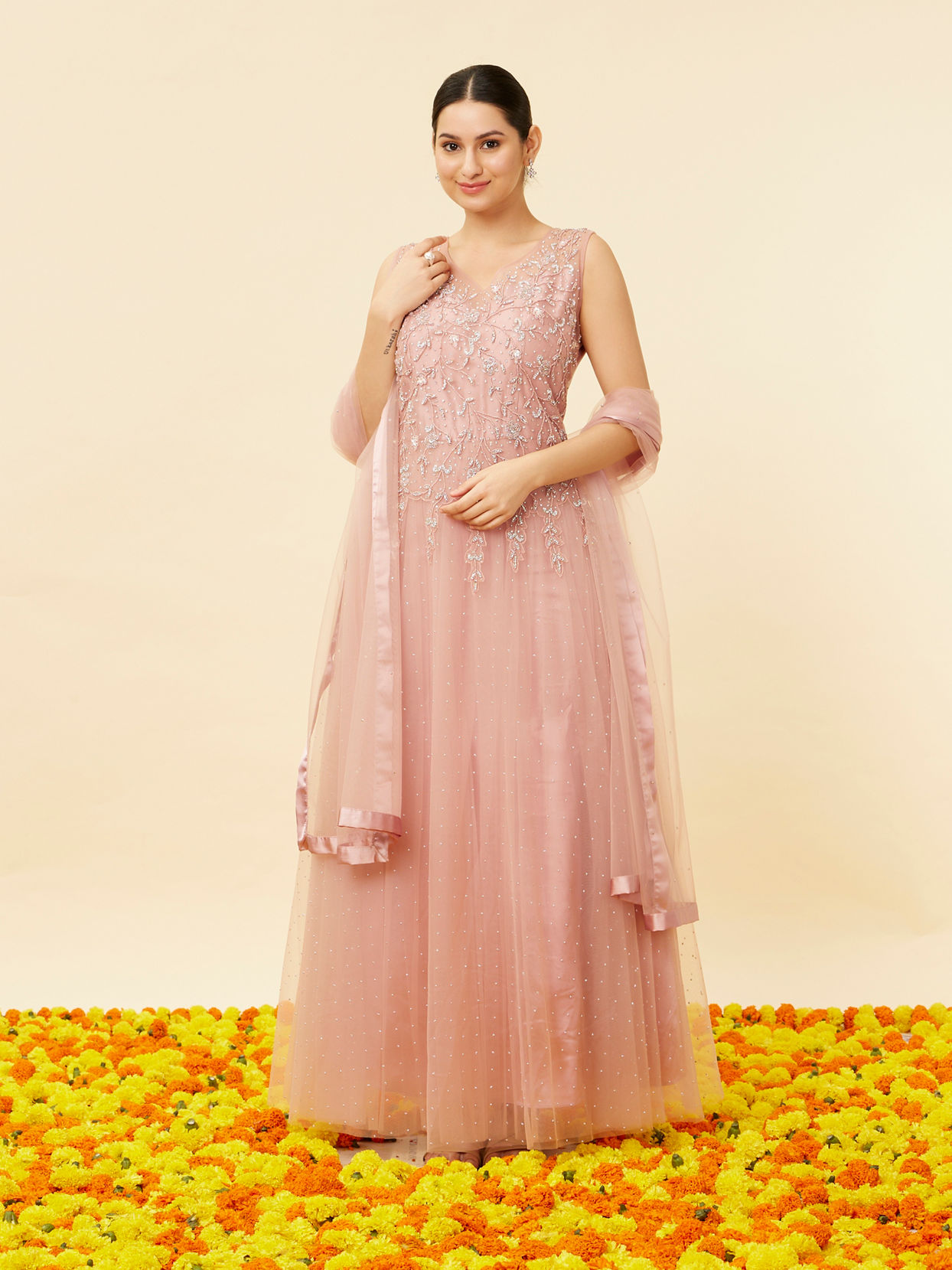 alt message - Mohey Women Candy Floss Pink Stone Work Anarkali Suit image number 0