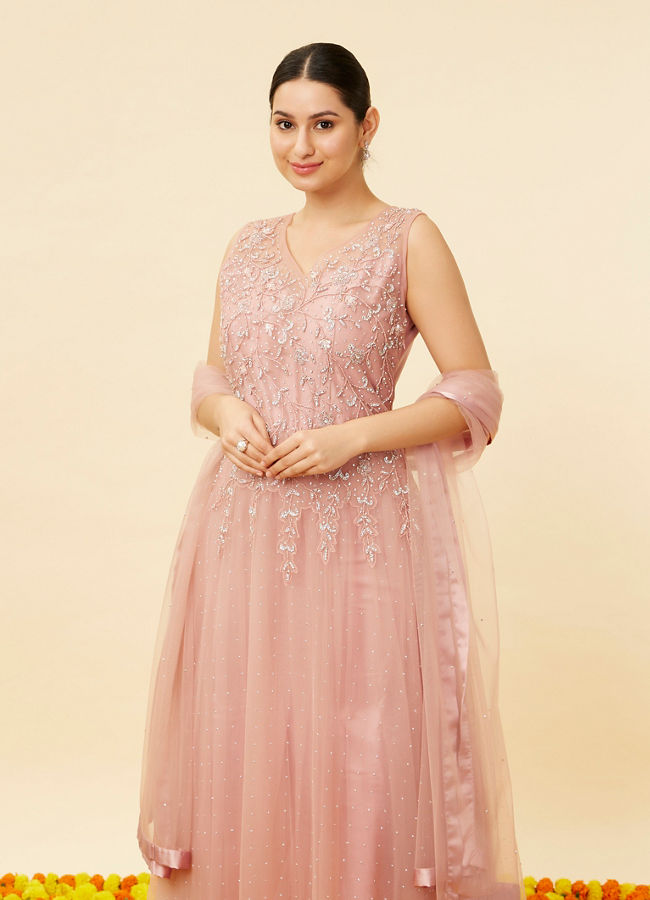 alt message - Mohey Women Candy Floss Pink Stone Work Anarkali Suit image number 1