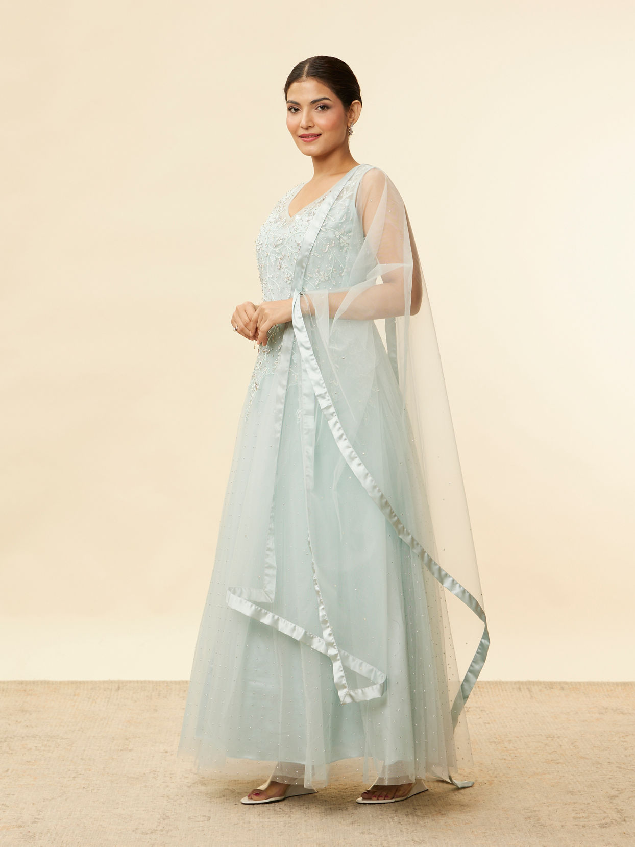 Mohey Women Baby Blue Rhinestone Embellished Gown